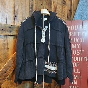 272 POL Black Tiered Hooded Top with Floral Embroidery